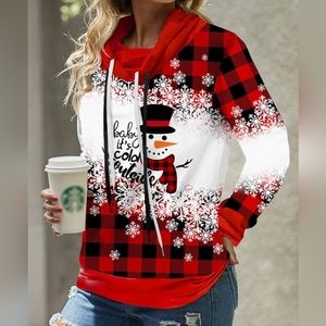 Rotita - So cute! Snowman Print Drawstring Red Sweatshirt - Size: L